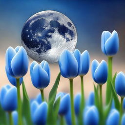 An enchanting digital art piece showcasing a glowing moon surrounded by striking blue tulips