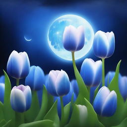 An enchanting digital art piece showcasing a glowing moon surrounded by striking blue tulips