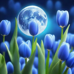 An enchanting digital art piece showcasing a glowing moon surrounded by striking blue tulips