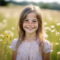 Portrait of a young girl with sparkling eyes and a cheerful smile, casually dressed, standing in a sunny meadow with wildflowers.