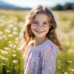 Portrait of a young girl with sparkling eyes and a cheerful smile, casually dressed, standing in a sunny meadow with wildflowers.