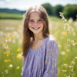 Portrait of a young girl with sparkling eyes and a cheerful smile, casually dressed, standing in a sunny meadow with wildflowers.