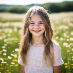 Portrait of a young girl with sparkling eyes and a cheerful smile, casually dressed, standing in a sunny meadow with wildflowers.