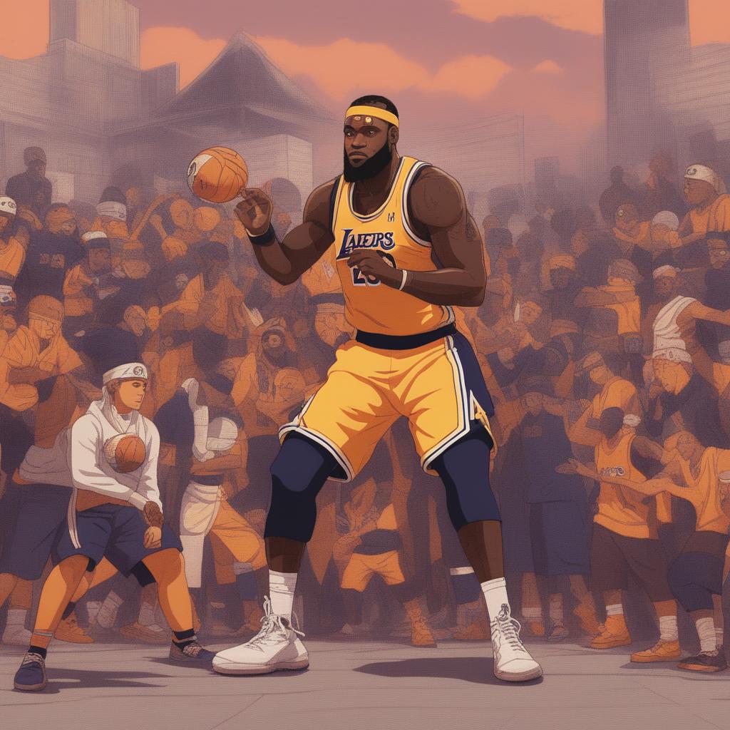 A high-quality digital art of Lebron James as a Naruto character, preparing for his next free throw
