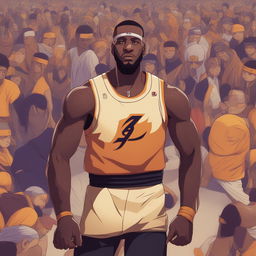 A high-quality digital art of Lebron James as a Naruto character, preparing for his next free throw