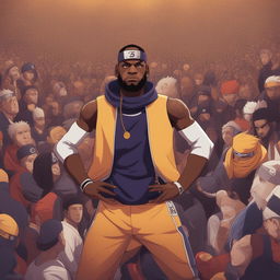 A high-quality digital art of Lebron James as a Naruto character, preparing for his next free throw