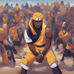 A high-quality digital art of Lebron James as a Naruto character, preparing for his next free throw