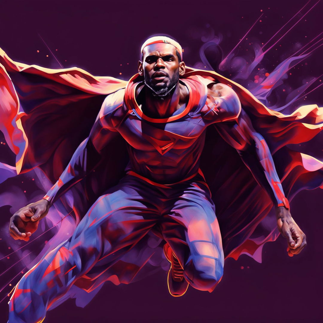 A high-resolution digital art of Lebron James, depicted like Superman, flying towards a basketball hoop for a dunk