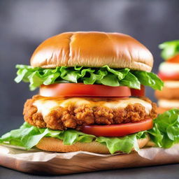 A tantalizing fried chicken patty burger, consisting of a golden, crispy chicken patty cradled in soft, toasted buns. The patty is decorated with crisp lettuce, ripe tomato slices, and a hint of tangy mayo.