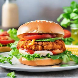 A tantalizing fried chicken patty burger, consisting of a golden, crispy chicken patty cradled in soft, toasted buns. The patty is decorated with crisp lettuce, ripe tomato slices, and a hint of tangy mayo.