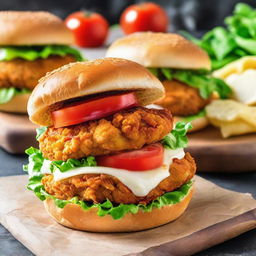 A tantalizing fried chicken patty burger, consisting of a golden, crispy chicken patty cradled in soft, toasted buns. The patty is decorated with crisp lettuce, ripe tomato slices, and a hint of tangy mayo.