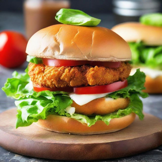 A tantalizing fried chicken patty burger, consisting of a golden, crispy chicken patty cradled in soft, toasted buns. The patty is decorated with crisp lettuce, ripe tomato slices, and a hint of tangy mayo.