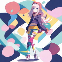 A stylized anime girl dressed in distinctive, colorful leggings.