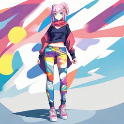 A stylized anime girl dressed in distinctive, colorful leggings.