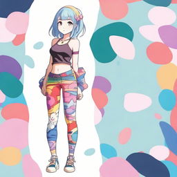 A stylized anime girl dressed in distinctive, colorful leggings.