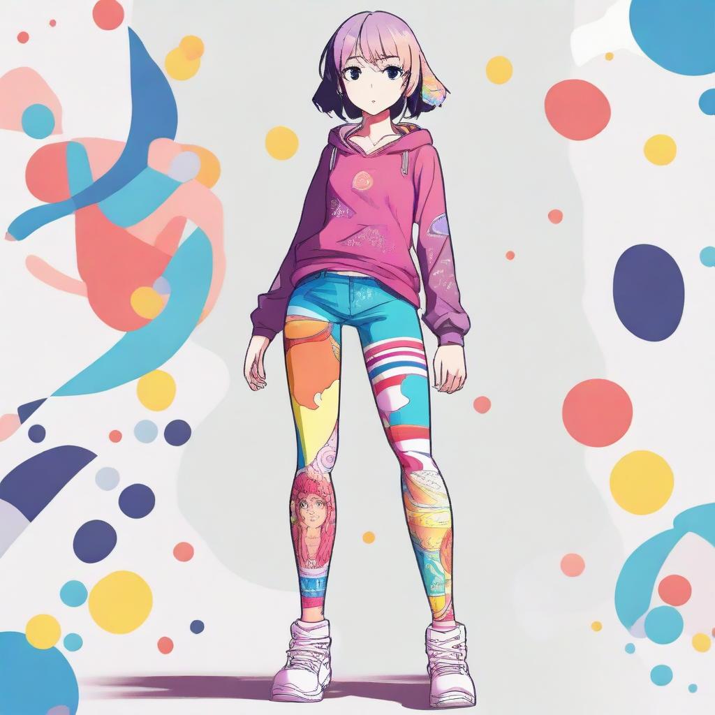 A stylized anime girl dressed in distinctive, colorful leggings.