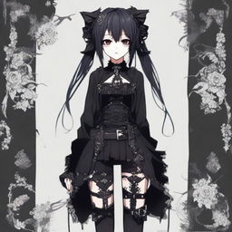 A gothic anime girl, styled in dark, stylized leggings and gothic attire.