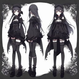 A gothic anime girl, styled in dark, stylized leggings and gothic attire.