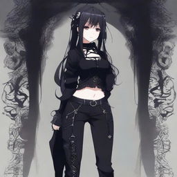 A gothic anime girl, styled in dark, stylized leggings and gothic attire.