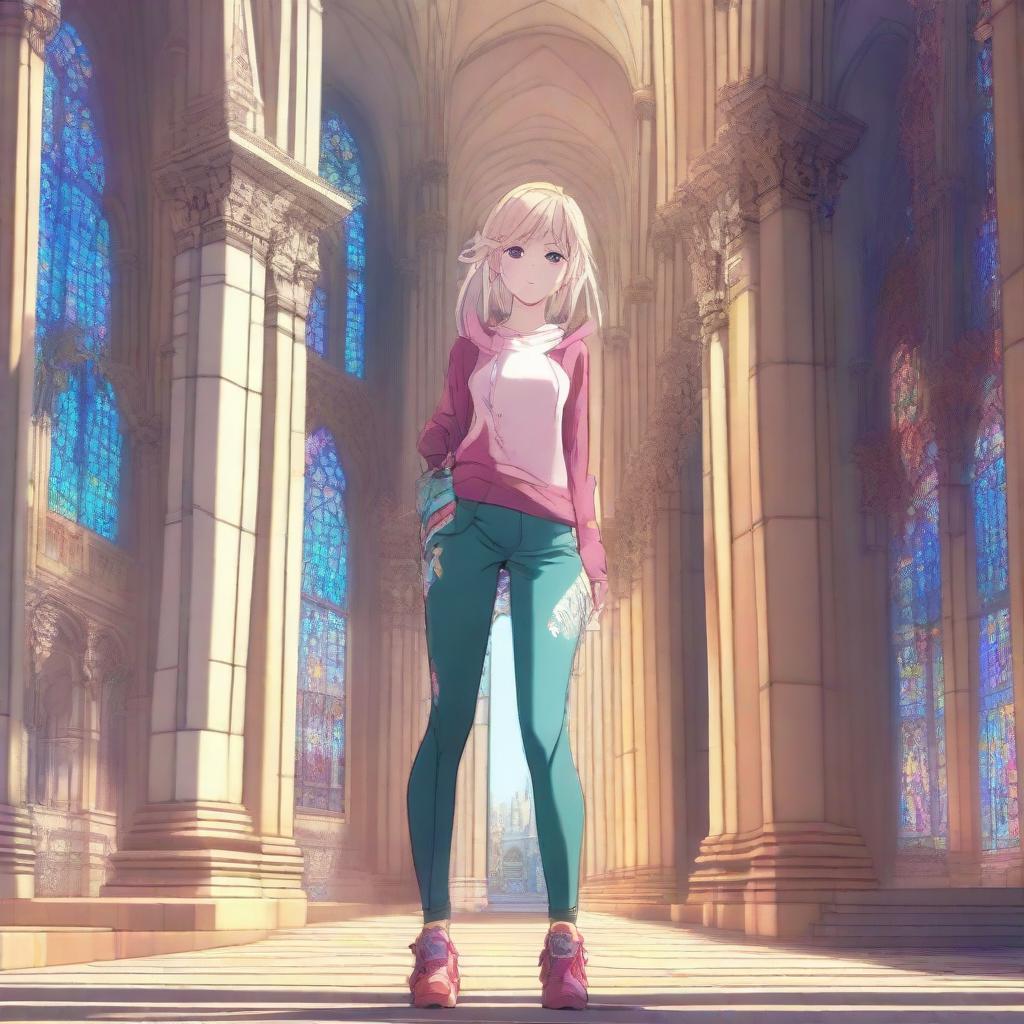 A stylized anime girl in colorful leggings standing in the grandeur of a cathedral.