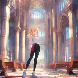 A stylized anime girl in colorful leggings standing in the grandeur of a cathedral.