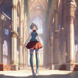 A stylized anime girl in colorful leggings standing in the grandeur of a cathedral.