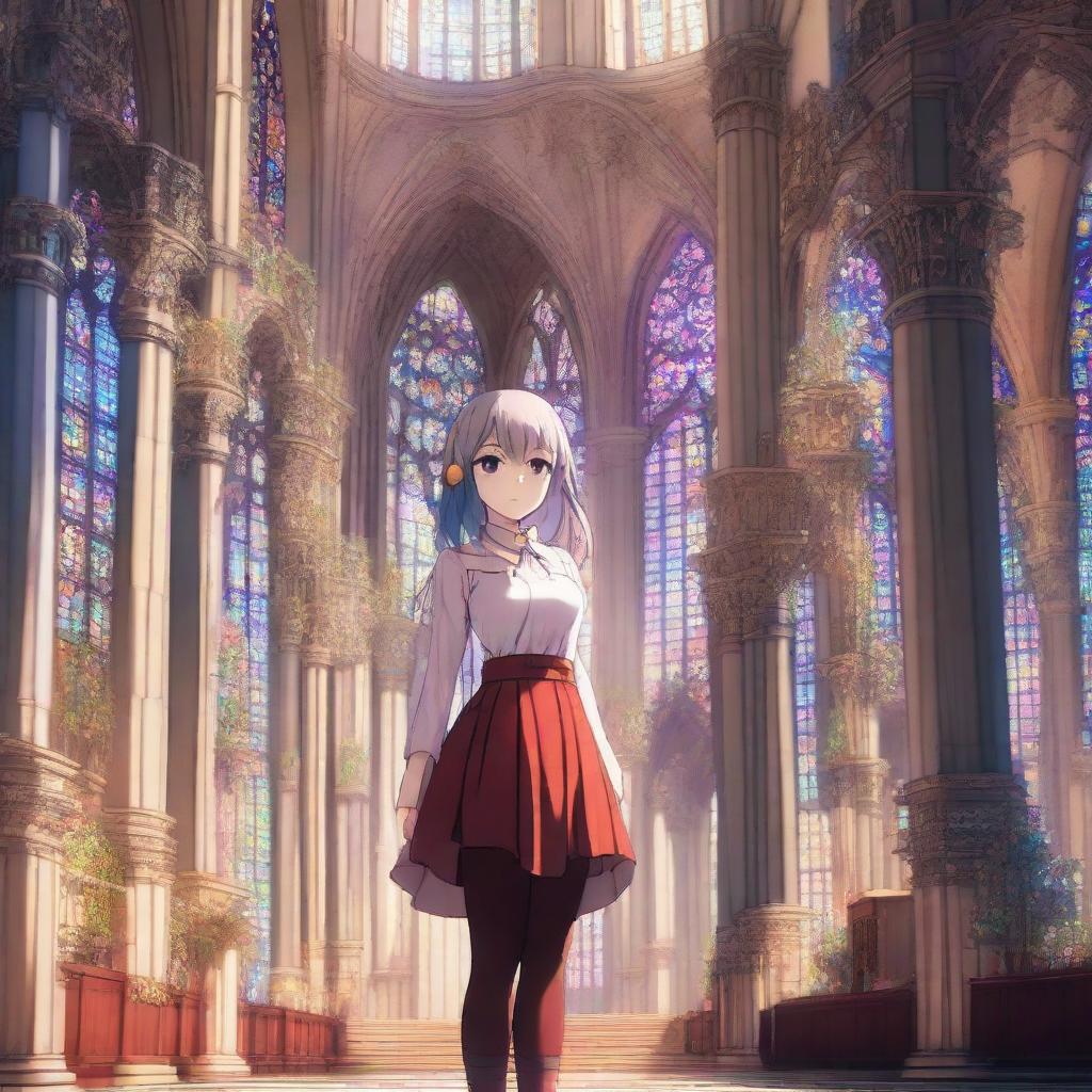 A stylized anime girl in colorful leggings standing in the grandeur of a cathedral.