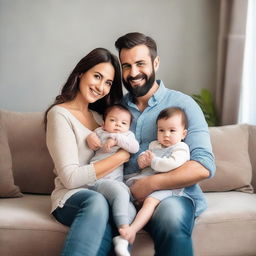 A young, modern mother and father, comfortable and stylishly dressed, tenderly holding their 3-year-old son and newborn baby boy in a warm, family-friendly environment.