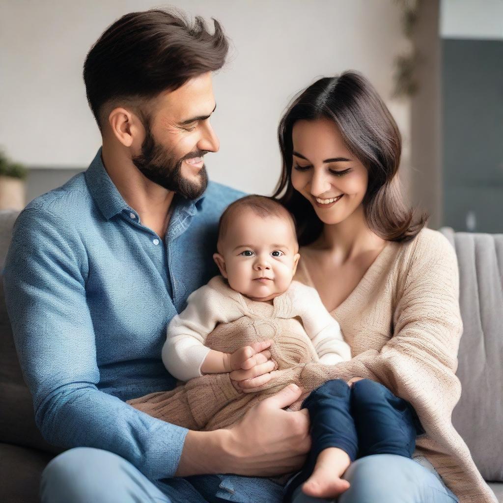 A young, modern mother and father, comfortable and stylishly dressed, tenderly holding their 3-year-old son and newborn baby boy in a warm, family-friendly environment.