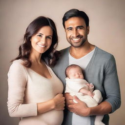 A young, modern mother and father, comfortable and stylishly dressed, tenderly holding their 3-year-old son and newborn baby boy in a warm, family-friendly environment.