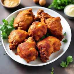 Golden-brown, perfectly fried chicken resting on a plate, its crispy exterior hiding succulent, tender meat within. The enticing aroma of spices and perfectly cooked chicken fills the air, creating an irresistible culinary visual.