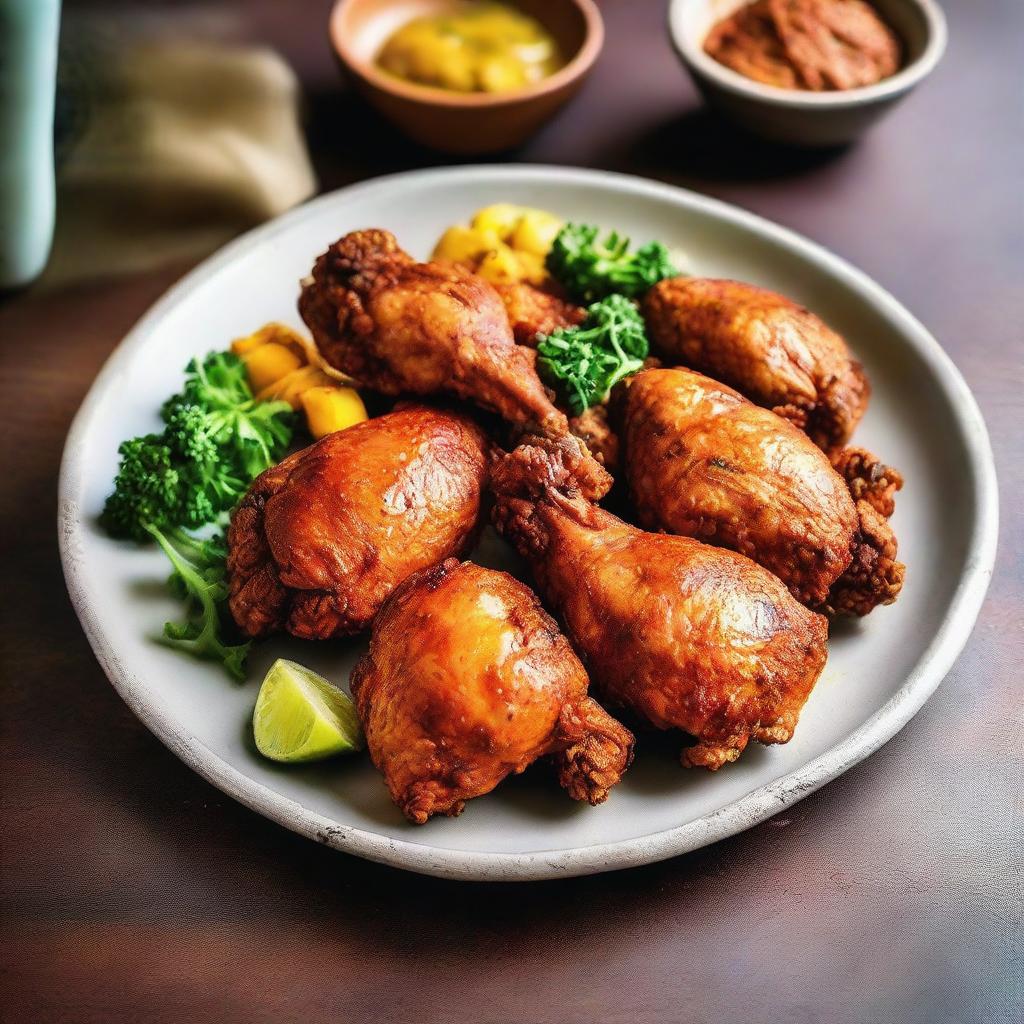 Golden-brown, perfectly fried chicken resting on a plate, its crispy exterior hiding succulent, tender meat within. The enticing aroma of spices and perfectly cooked chicken fills the air, creating an irresistible culinary visual.