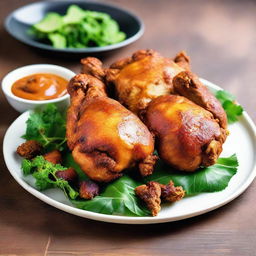 Golden-brown, perfectly fried chicken resting on a plate, its crispy exterior hiding succulent, tender meat within. The enticing aroma of spices and perfectly cooked chicken fills the air, creating an irresistible culinary visual.