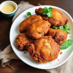 Golden-brown fried chicken, crispy from a wheat flour breading, resting on a plate. The flawless crunchy exterior gives way to succulent, tender meat within. The savory aroma hints at a delightful spice blend in this irresistible culinary masterpiece.