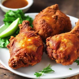 Golden-brown fried chicken, crispy from a wheat flour breading, resting on a plate. The flawless crunchy exterior gives way to succulent, tender meat within. The savory aroma hints at a delightful spice blend in this irresistible culinary masterpiece.