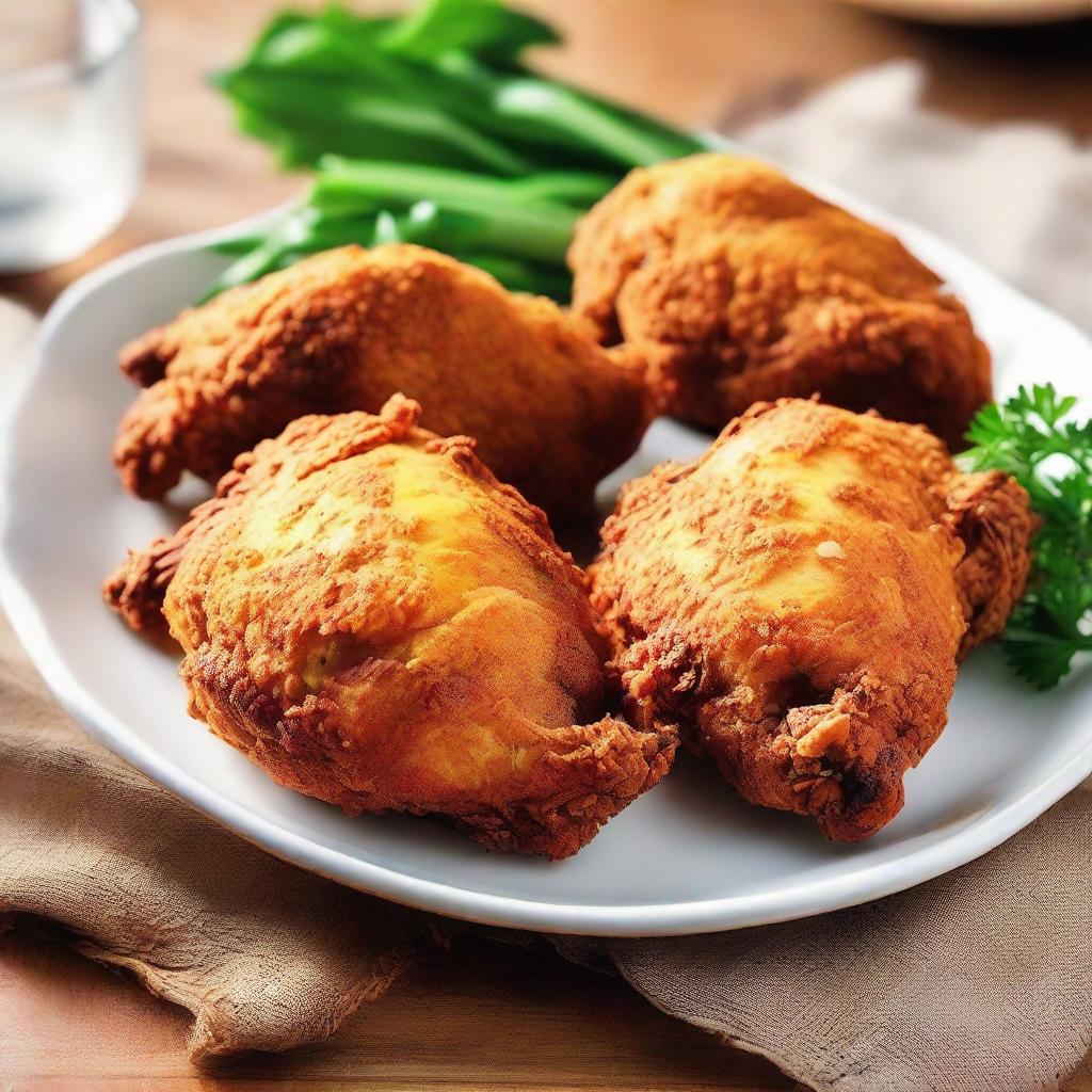 Golden-brown fried chicken, crispy from a wheat flour breading, resting on a plate. The flawless crunchy exterior gives way to succulent, tender meat within. The savory aroma hints at a delightful spice blend in this irresistible culinary masterpiece.