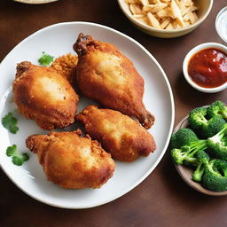 Golden-brown fried chicken, crispy from a wheat flour breading, resting on a plate. The flawless crunchy exterior gives way to succulent, tender meat within. The savory aroma hints at a delightful spice blend in this irresistible culinary masterpiece.