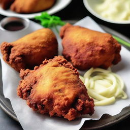 Golden-fried chicken, its crispy coating made from maida flour, sits tempting and ready to be savored.