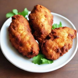 Golden-fried chicken, its crispy coating made from maida flour, sits tempting and ready to be savored.