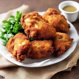 Golden-fried chicken, its crispy coating made from maida flour, sits tempting and ready to be savored.