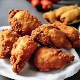 Golden-fried chicken, its crispy coating made from maida flour, sits tempting and ready to be savored.