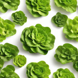 Vibrant, crisp lettuce leaves perfectly arranged in a circular formation, displaying various shades of fresh green. The texture of each leaf is visible, with light reflecting off their surface, enhancing the appetizing allure of this wholesome vegetable.