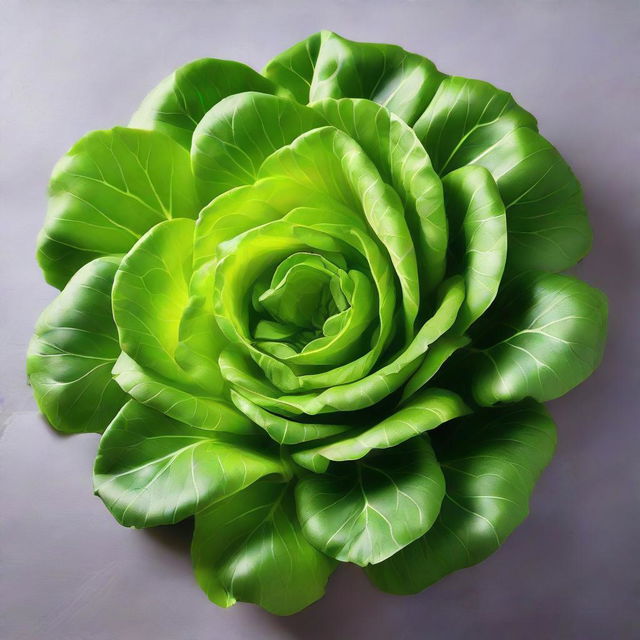 Vibrant, crisp lettuce leaves perfectly arranged in a circular formation, displaying various shades of fresh green. The texture of each leaf is visible, with light reflecting off their surface, enhancing the appetizing allure of this wholesome vegetable.