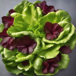 Vibrant, crisp lettuce leaves perfectly arranged in a circular formation, displaying various shades of fresh green. The texture of each leaf is visible, with light reflecting off their surface, enhancing the appetizing allure of this wholesome vegetable.