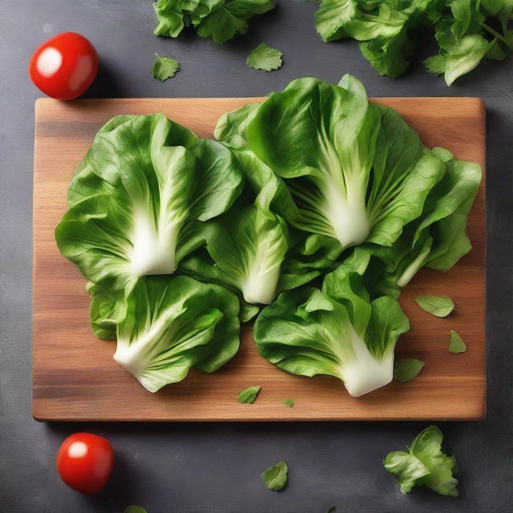 Fresh, vibrant lettuce leaves arranged in a cutting board, showcasing various shades of green. Each leaf is finely textured, portraying the essence of freshness. Light glimmers off the surface, underlining the appetizing charm of this wholesome vegetable.