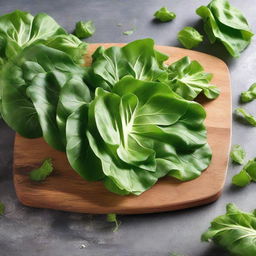 Fresh, vibrant lettuce leaves arranged in a cutting board, showcasing various shades of green. Each leaf is finely textured, portraying the essence of freshness. Light glimmers off the surface, underlining the appetizing charm of this wholesome vegetable.