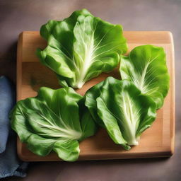 Fresh, vibrant lettuce leaves arranged in a cutting board, showcasing various shades of green. Each leaf is finely textured, portraying the essence of freshness. Light glimmers off the surface, underlining the appetizing charm of this wholesome vegetable.