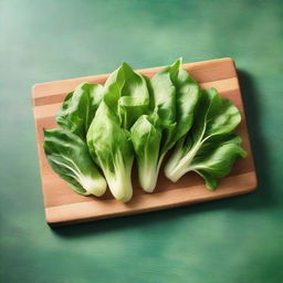 Fresh, vibrant lettuce leaves arranged in a cutting board, showcasing various shades of green. Each leaf is finely textured, portraying the essence of freshness. Light glimmers off the surface, underlining the appetizing charm of this wholesome vegetable.