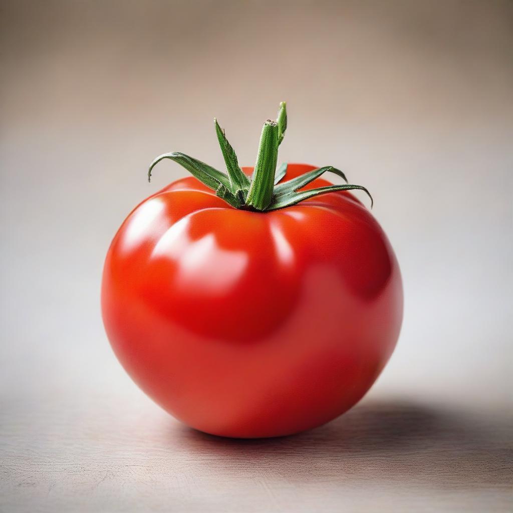 A vivid, ripe tomato with a glossy surface, bathed in natural light. Its perfectly round shape and plump form symbolize peak ripeness.