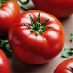 A vivid, ripe tomato with a glossy surface, bathed in natural light. Its perfectly round shape and plump form symbolize peak ripeness.